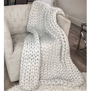 Chunky Knit Merino Wool Throw Blanket Style Any Room with This Cozy Braided Blanket, Arm Knitted Super Soft Knotted Bed Throw Or Chic Sofa Decor 40 x 60 Inches Light Grey Yarn