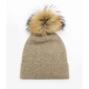 Wholesale Girl Cashmere Rib Pattern Hat With Fur Balloon in 2 Colors China Factory