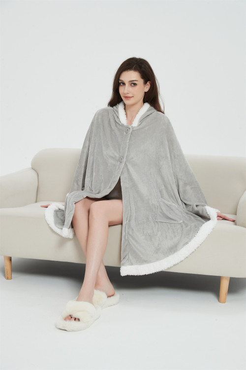 Hooded Poncho Style Cozy Wearable Blanket Plush Soft Sherpa Fleece Cape Shawl with Pockets and Hood