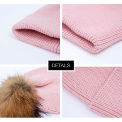 Wholesale Girl Cashmere Rib Pattern Hat With Fur Balloon in 2 Colors China Factory