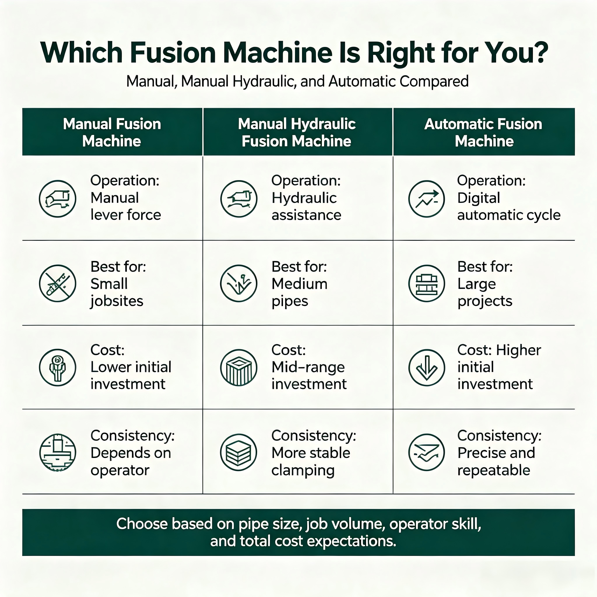 Manual vs Hydraulic vs Automatic Pipe Fusion Machines: Pros, Cons, and Best Fit