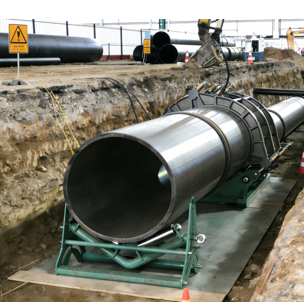 HDPE pipe strings supported on roller stands before butt fusion