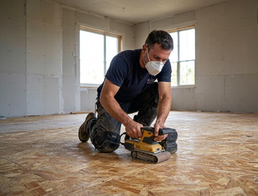 Carpenter preparing a wooden plywood subfloor, sanding high spots with a belt sander