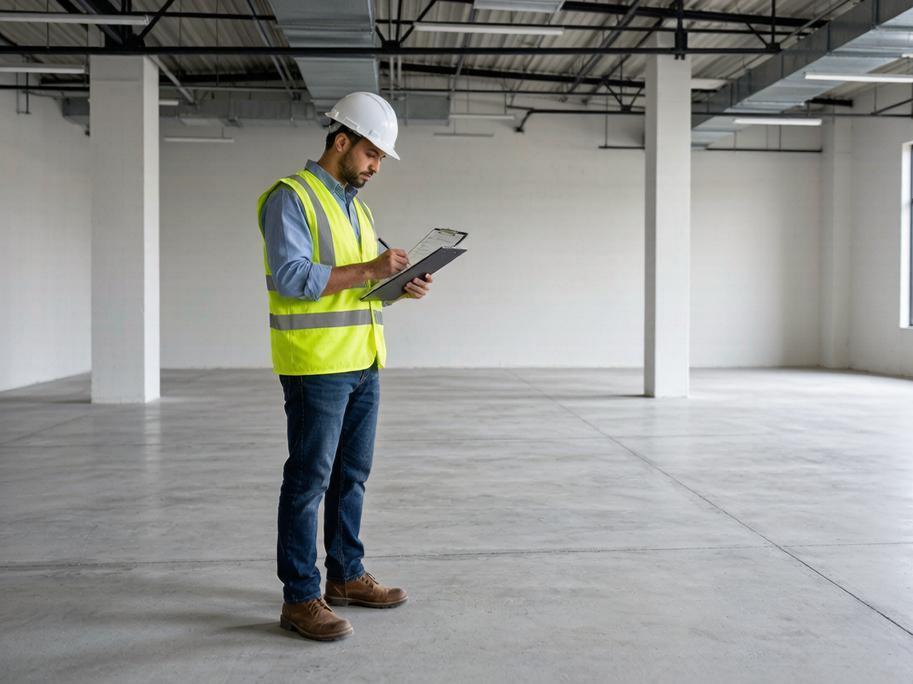 Professional flooring contractor with clipboard inspecting prepared concrete subfloor in empty commercial space
