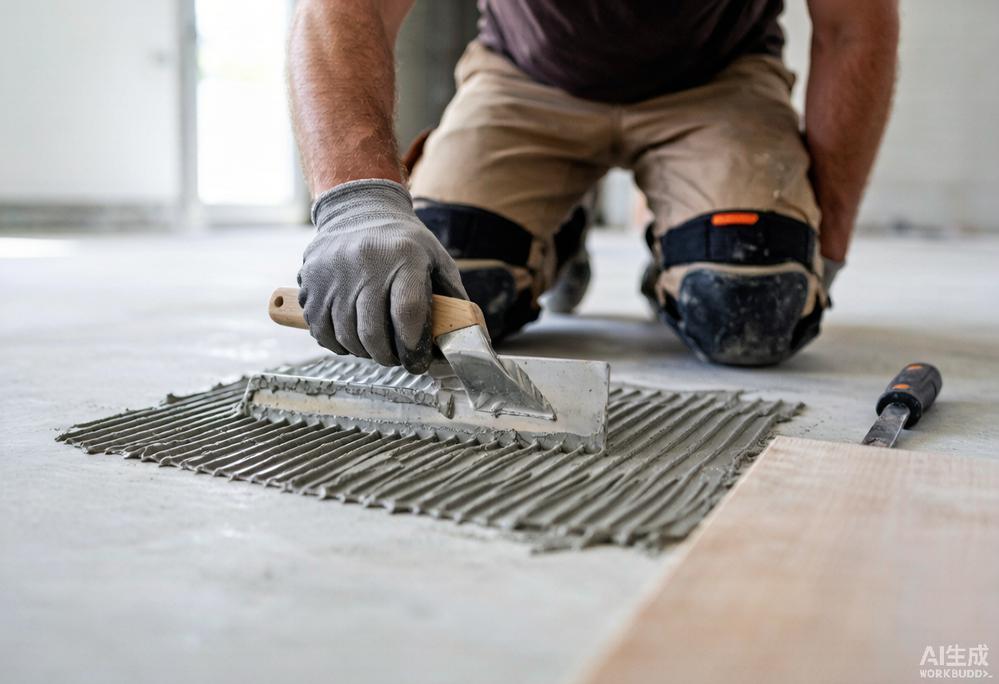 Professional installer spreading adhesive with notched trowel on concrete subfloor