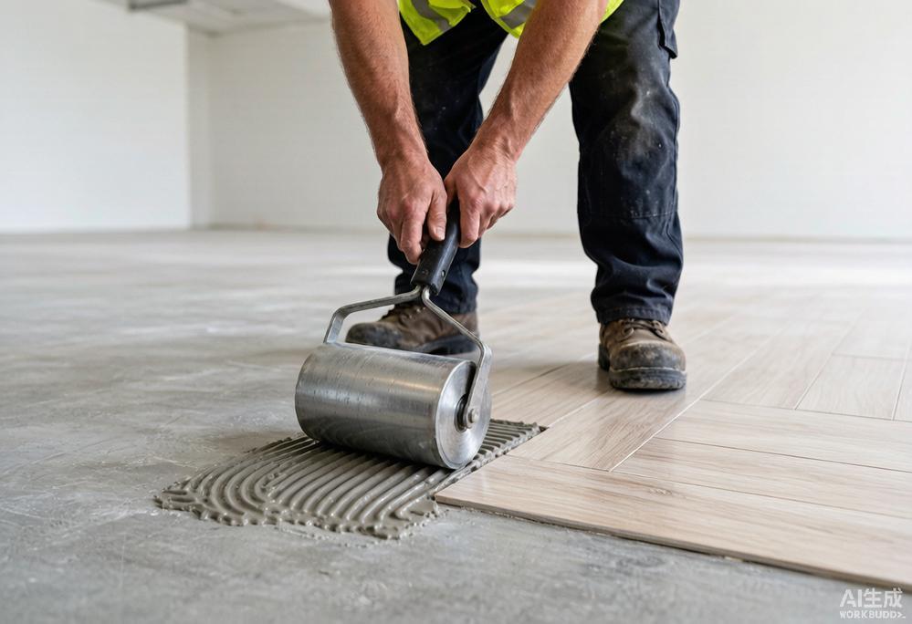 Construction worker using 100-pound floor roller to press LVT planks into adhesive