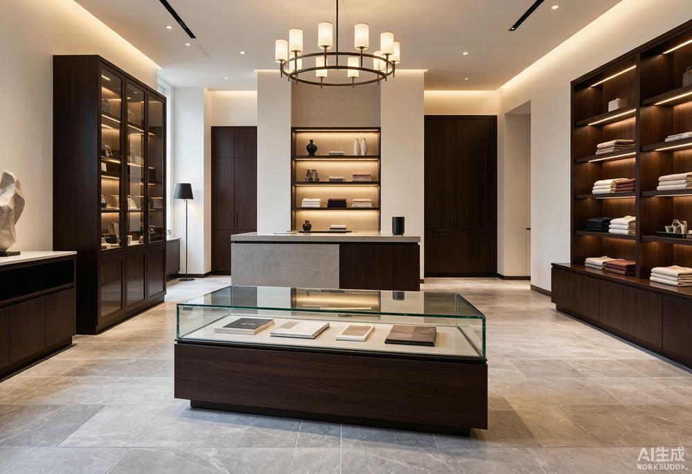 High-end retail store interior with luxury vinyl tile flooring in light grey stone pattern