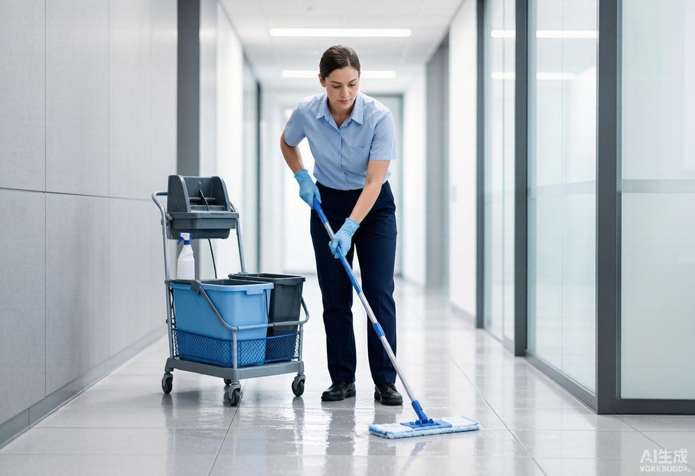 Janitorial staff damp mopping commercial vinyl tile floor in office corridor
