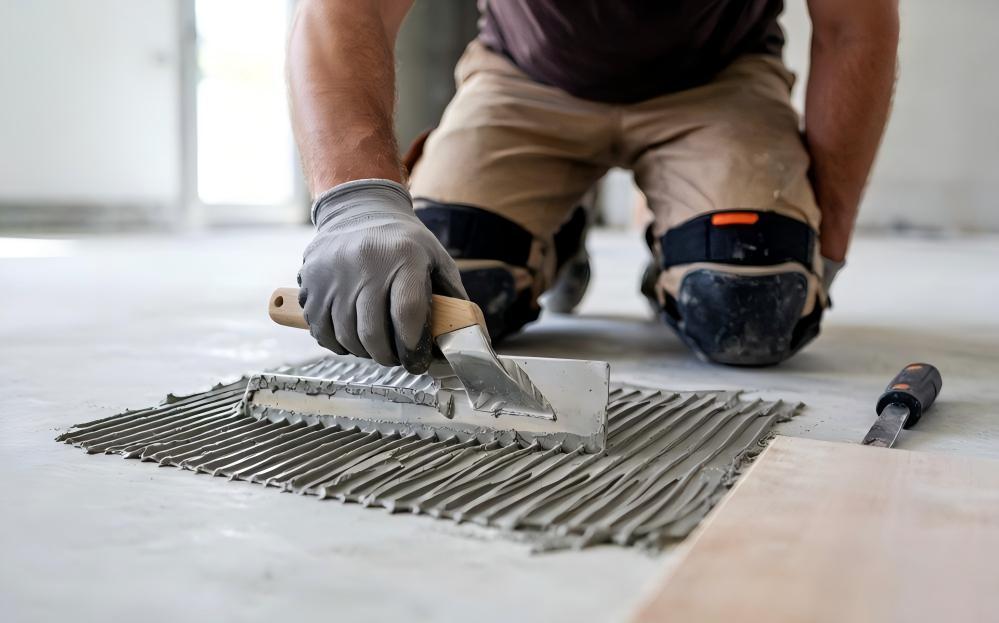 Professional installer spreading adhesive with notched trowel on concrete subfloor