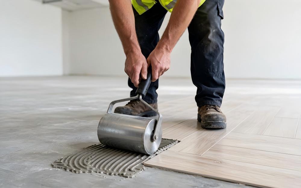 Construction worker using 100-pound floor roller to press LVT planks into adhesive