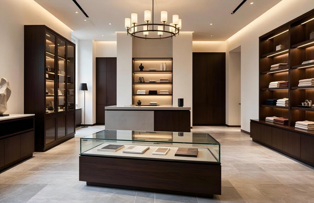 High-end retail store interior with luxury vinyl tile flooring in light grey stone pattern