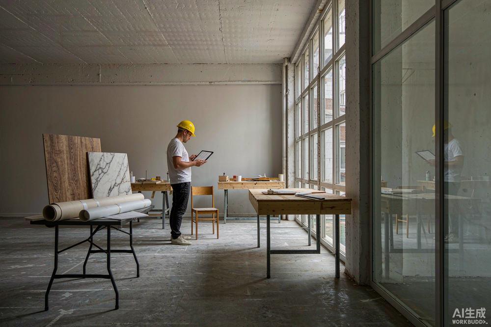 Project manager reviewing a flooring budget on a tablet in an empty commercial space under construction