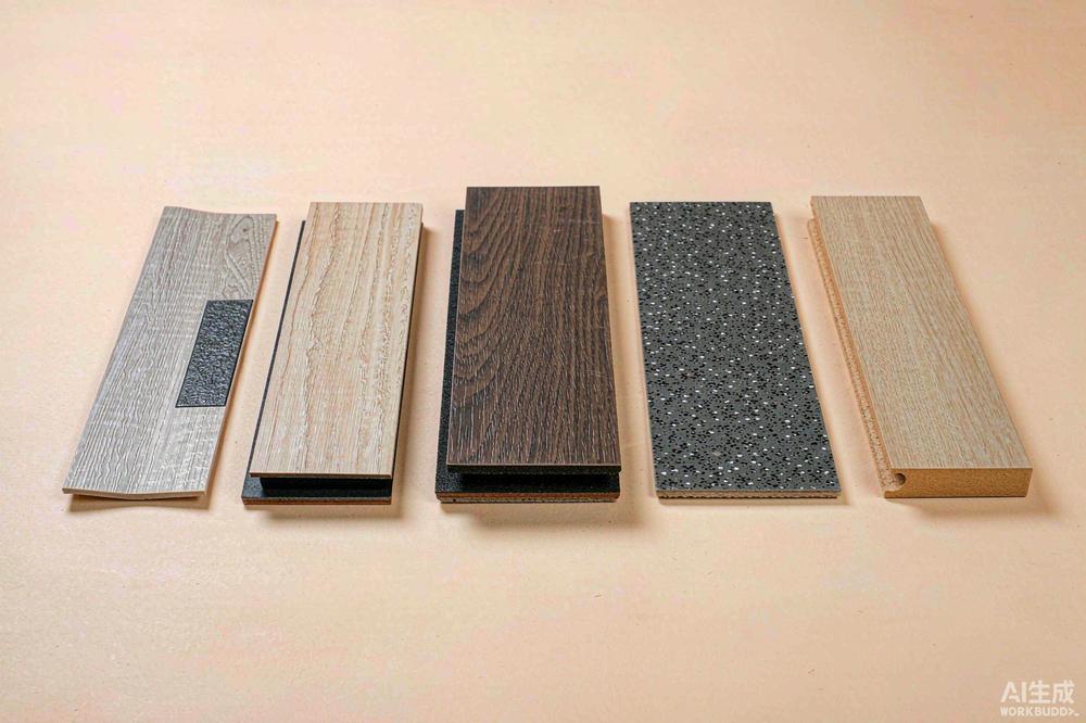 Five commercial vinyl flooring sample planks showing different thickness and construction side by side