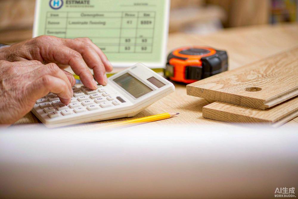 Contractor calculating a flooring cost estimate with a calculator and printed quote document