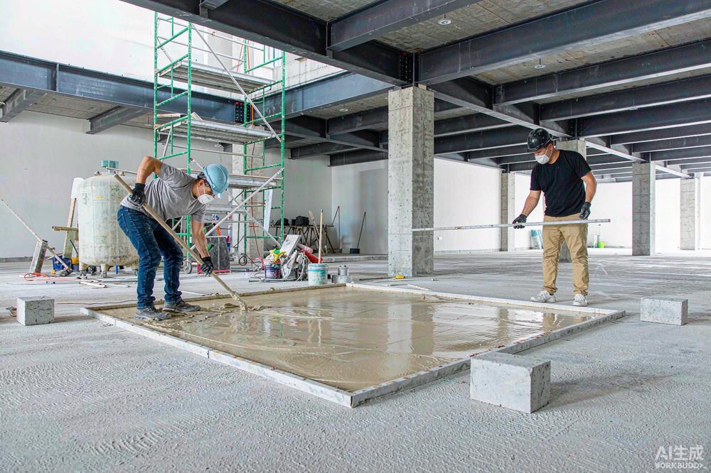 Workers pouring self-leveling compound and checking concrete slab flatness in a large commercial space