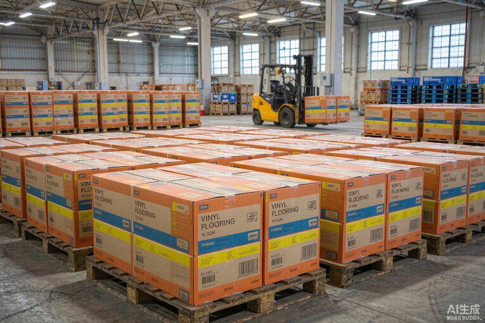 Warehouse with pallets of vinyl flooring cartons ready for commercial distribution