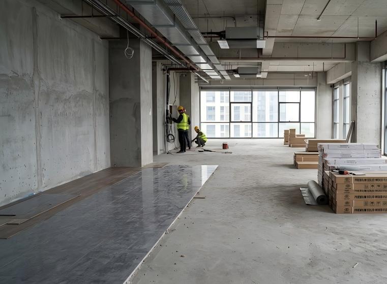 Project manager reviewing a flooring budget on a tablet in an empty commercial space under construction
