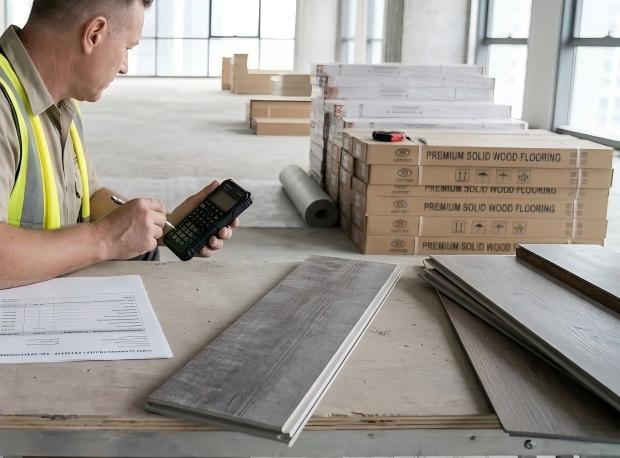Contractor calculating a flooring cost estimate with a calculator and printed quote document
