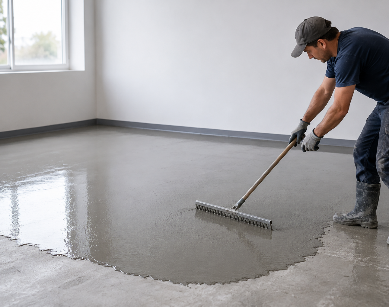 Construction worker pouring gray self-leveling concrete underlayment compound and spreading with gauge rake