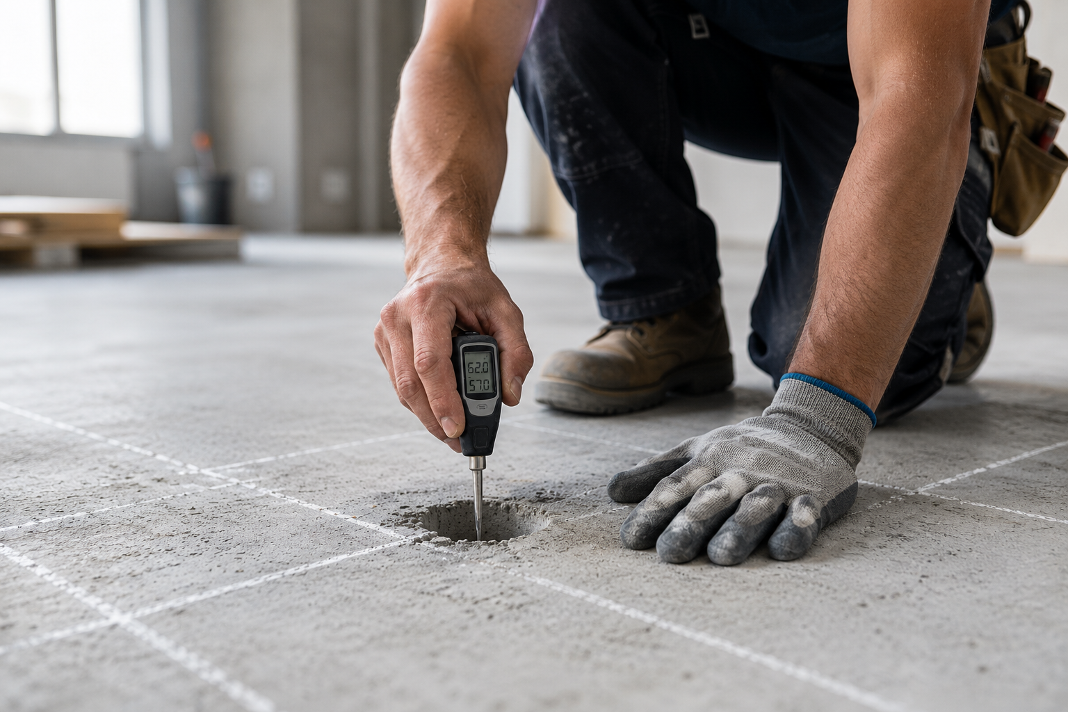 Close-up of contractor performing ASTM F2170 relative humidity moisture testing on concrete slab with RH probe