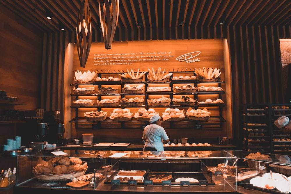Bakery production line with bread and pastry being prepared