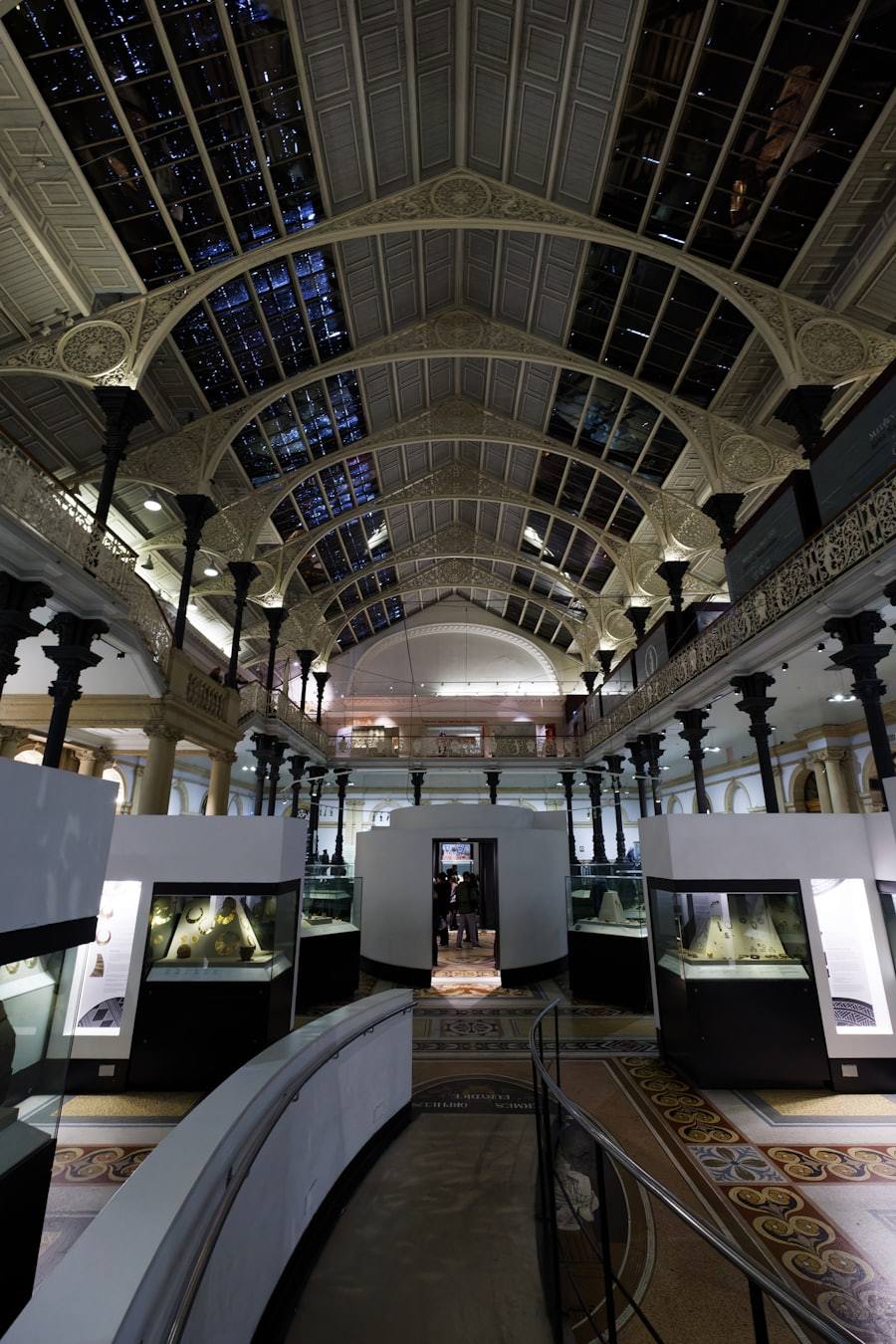 Grand museum exhibition hall interior requiring stable temperature and humidity control