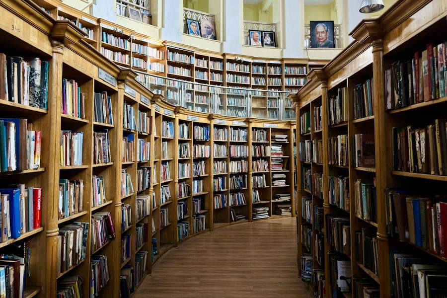 Long rows of library shelving where zoned dehumidification protects stored paper