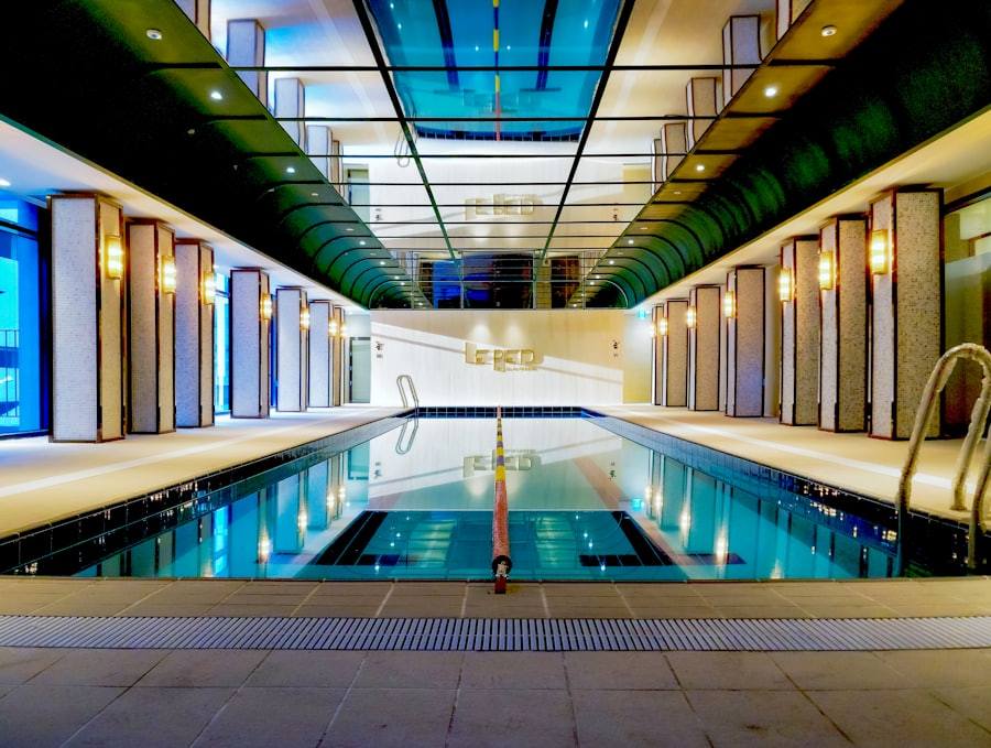 Large indoor pool building where a dehumidification heat pump manages evaporation load