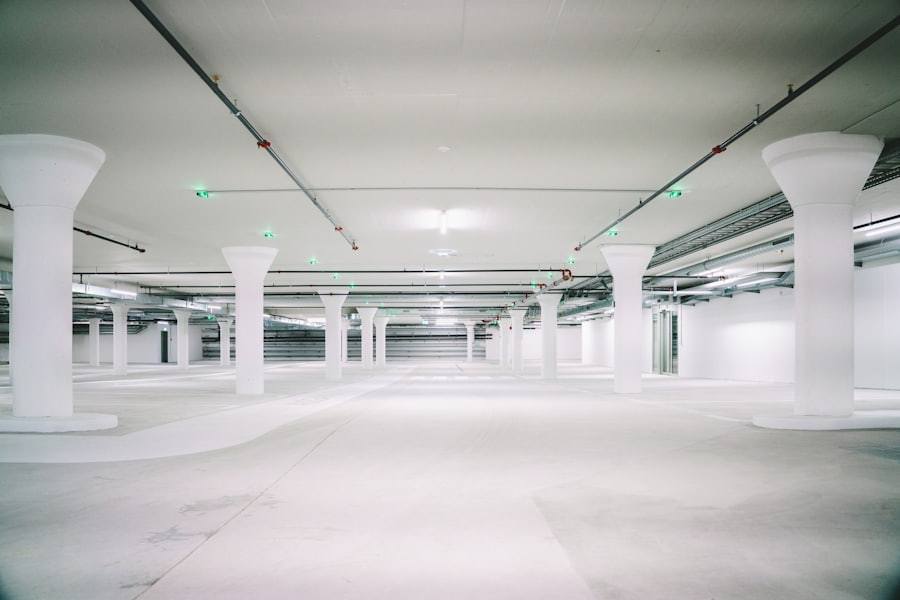 Concrete pillared underground car park where condensation control prevents wet floors