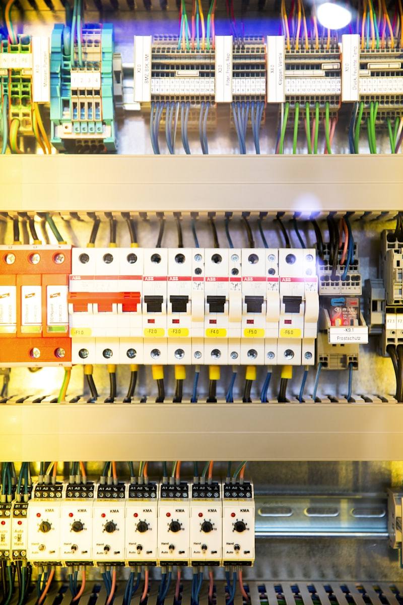 Three-phase distribution board with breakers and color-coded wiring inside an industrial control panel