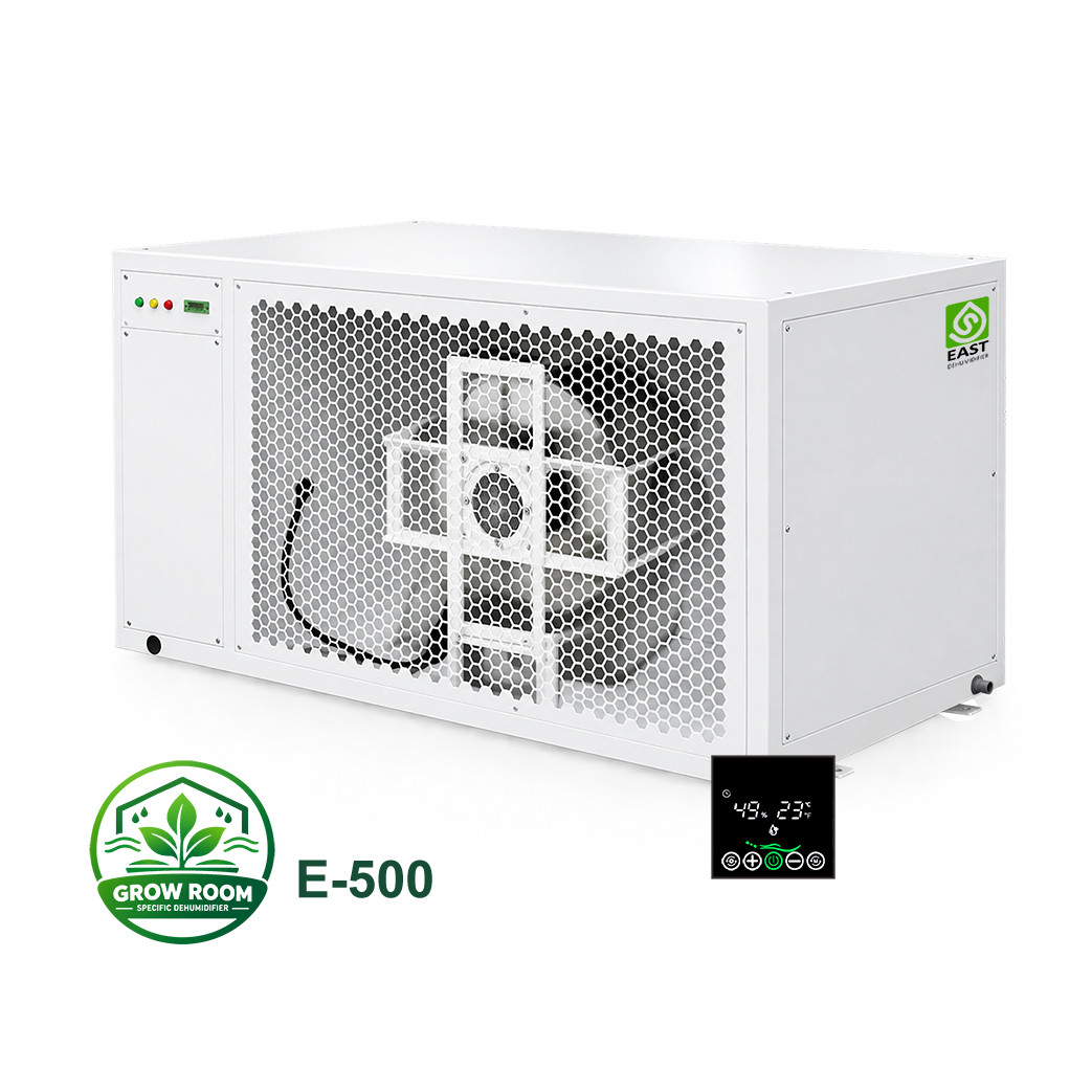 E-500 Grow room specific dehumidifier, built-in humidistat controller, open interface compatible with Trolmaster for indoor cultivation