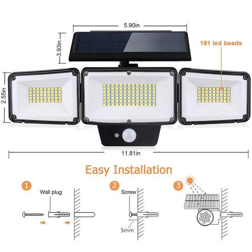 2021 newest ce waterproof 3 Head Spotlight 181 LED solar Garden light Outdoor Motion Sensor Wall Lamps LED Solar