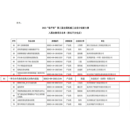 杰泰医疗“一种全向弯曲的便携式动物内窥镜”入围工业设计大赛决赛