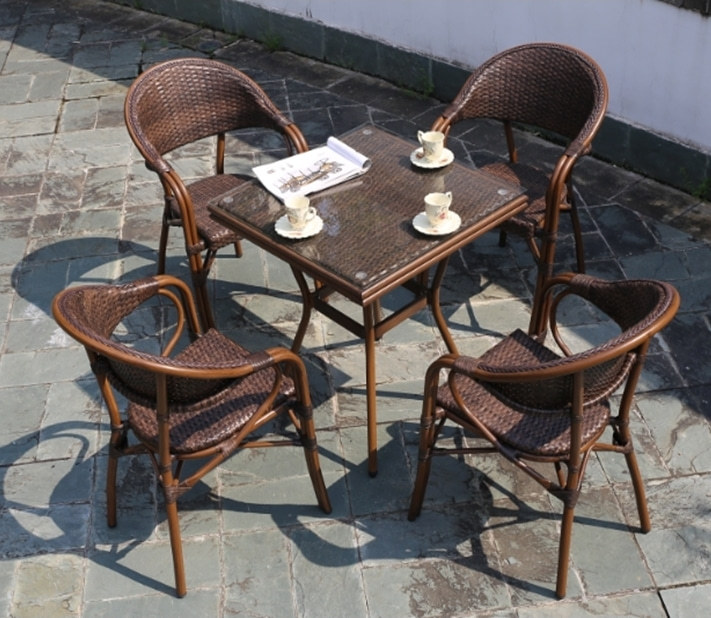 Wholesale Rattan Patio Square Glass Top Metal Leg Dining Sets With 1 table and 4 Rattan Bamboo Chairs(YF-BT417)