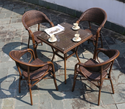 Wholesale Patio Square Glass Top Dining Set With 1 table and 4 Rattan Bamboo Chairs(YF-BT417)