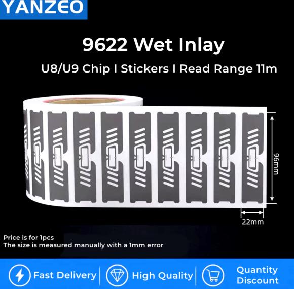 YANZEO Passive UHF RFID Labels 96×22mm Wet Inlay Stickers for Mall,Checking-in,Jewelry Management
