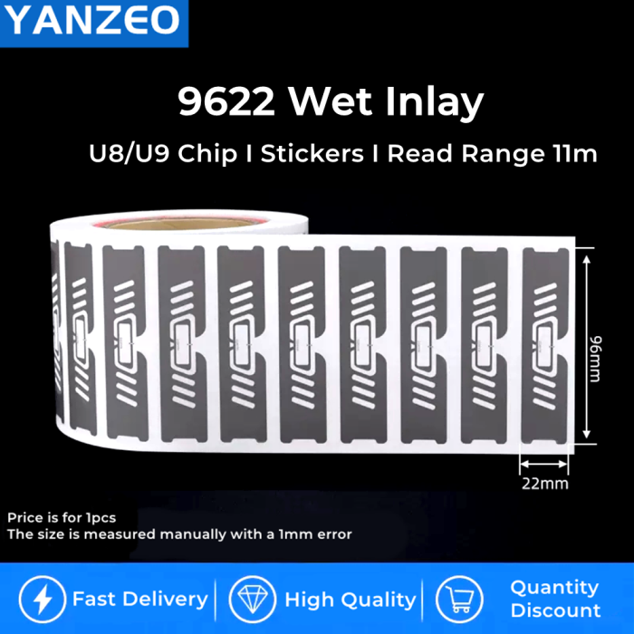 YANZEO Passive UHF RFID Labels 96×22mm Wet Inlay Stickers for Mall,Checking-in,Jewelry Management