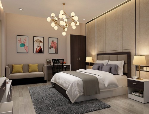 سرير منجد مزدوج الحجم مع ألواح خشبية ذات لوح رأسي مرتفع شقة صغيرة أثاث غرفة نوم مفردة
