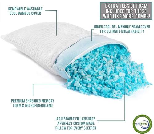Shredded Memory Foam Pillows | Sleeping - Bamboo Cooling Firm Cool Bed Pillow | Side Stomach Sleeper Neck Shoulder