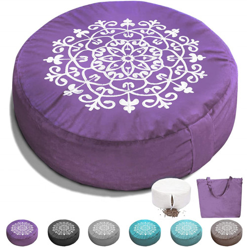 Premium Buckwheat | Bolster Yoga Zafu Meditation Seat Cushion | Velvet Cover Large Floor Cushion | Seating Adults