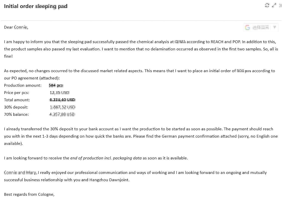 initial order from customer