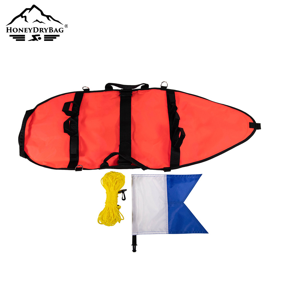 High visibility color together with an internationally recognized dive flag and a durable waist rope.