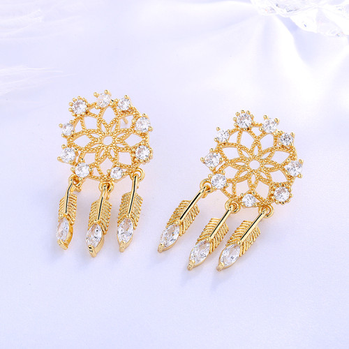 Hot Sale Jewelry 2022 Dreamercatcher 18K Gold Stud Earrings| Retro Feather Dangle Tassels Turquoise| AAA Cubic Zirconia Jewelry