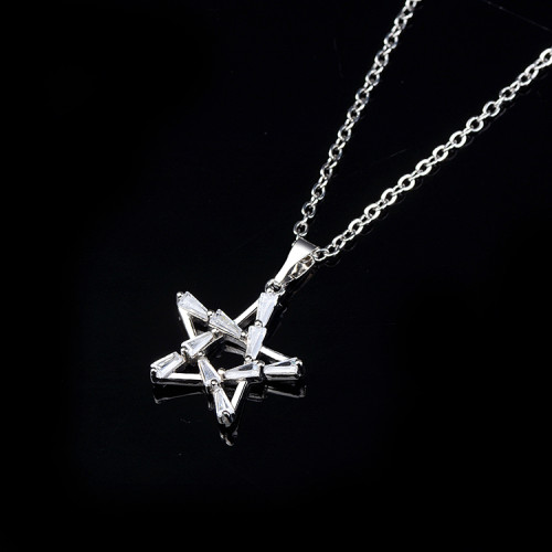 Factory Supply| Customize Star Pentacle Hip Hop Pendant Necklace| 18k White Gold Copper Alloy Jewelry with AAA Cubic Zirconia
