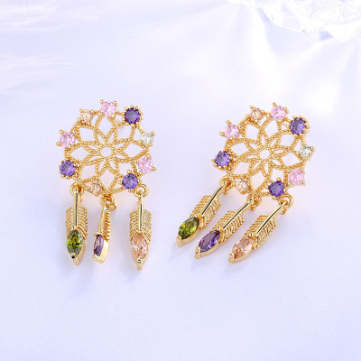 Hot Sale Jewelry 2022 Dreamercatcher 18K Gold Stud Earrings| Retro Feather Dangle Tassels Turquoise| AAA Cubic Zirconia Jewelry