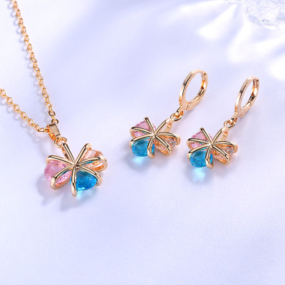 Wholesale Bridal Jewelry Sets| CZ Elegant Flower Rosette Pendant Necklace and Drop Earrings in 18K Gold| High-quality Accessories Women