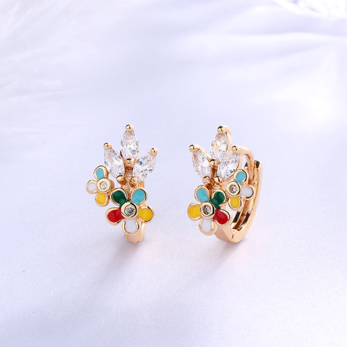 Wholesale Special Design Huggie Hoop Earrings| Lovely Flower Blossom Ear Huggie for Women|18k Gold Plated Oil Driping AAA CZ Hypoallergenic Jewelry gift