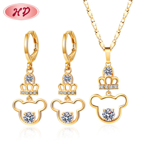 Wholesale Jewelry Set for Woman | Cute Bear with Crown Drop Earring & Necklace Sets | 18k Gold Plated AAA Cubic Zircon Women Girls Birthday Gift