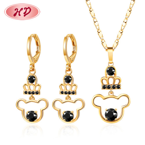 Wholesale Jewelry Set for Woman | Cute Bear with Crown Drop Earring & Necklace Sets | 18k Gold Plated AAA Cubic Zircon Women Girls Birthday Gift