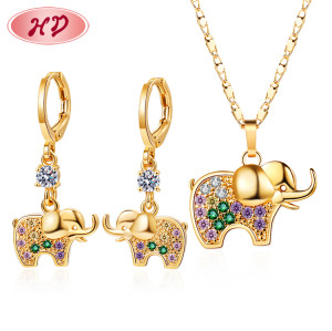 Factory Price Jewelry Set Spring Arrivals| Cute Elephant Drop Earring & Necklace Sets with White/ Multi/ Black CZ Zoo Animals Collection| Copper Alloy Jewellery plated in 18k Gold & AAA Cubic Zirconia Women Girls Birthday Gifts